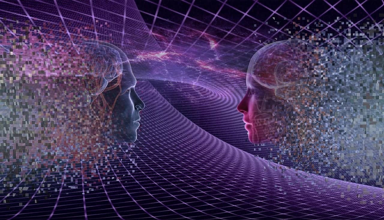 Two profile faces connected by a luminous wave in a futuristic illustration with purple, pink and violet tones.