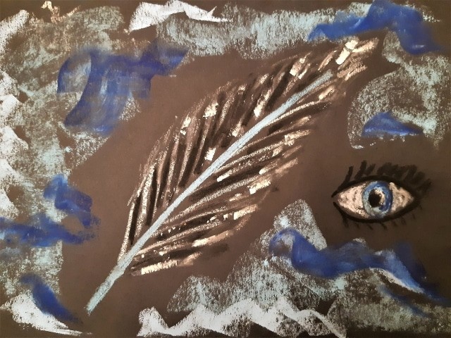 Spirit art painting in brown, blue, white, with a feather, an eye and colored waves