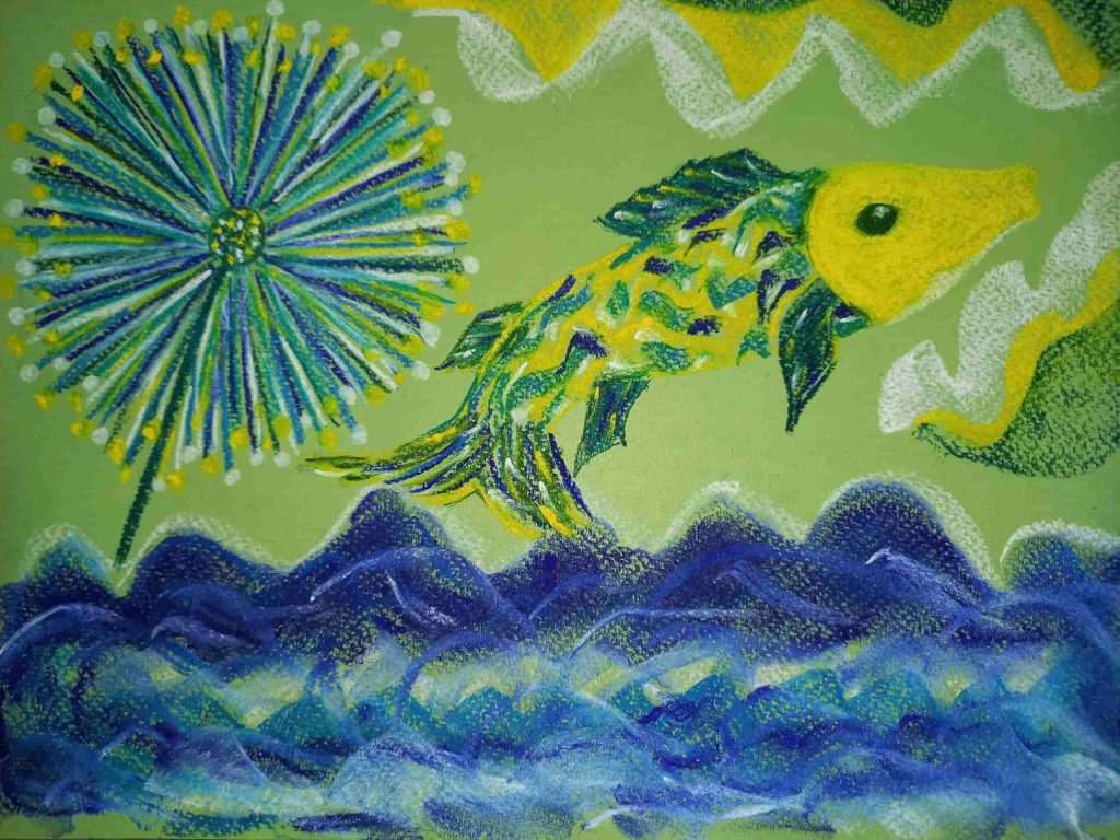 Abstract Energetic Healing Painting in white, blue, green and blue, with a fish, waves and a blowball.
