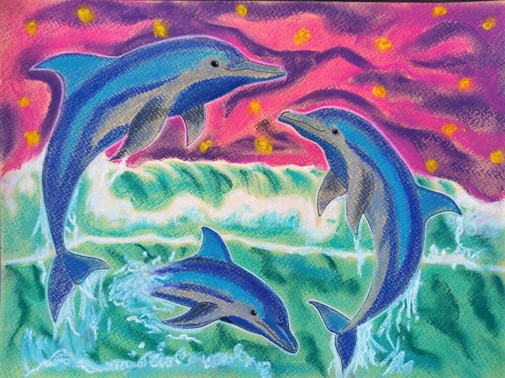 Energetisches Heil-Bild in Türkis, Blau, Weiss, Grün, Weiss, mit Magenta und Rosa, mit Delfinen die in bunten Wellen spielen.