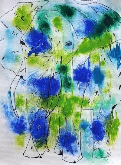Auragraph, energetic mediumistic gouache painting in green, turquoise and blue, depicting a shamanic totem animal: an elephant