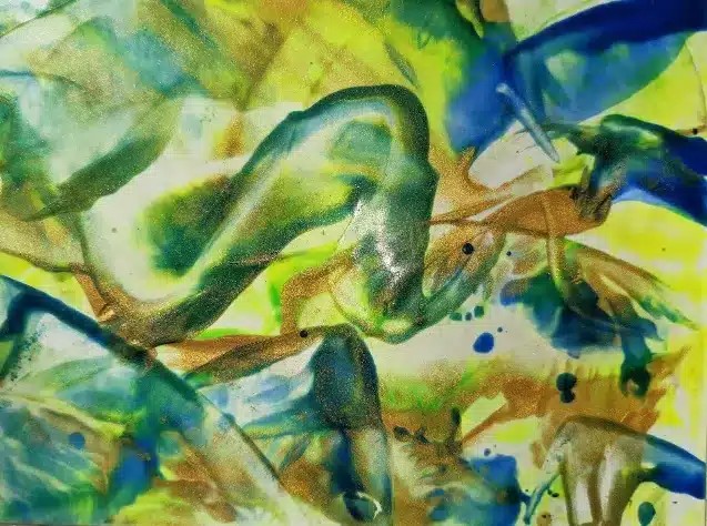 Peinture abstraite de soins énergétique en vert, bleu, jaune et or.