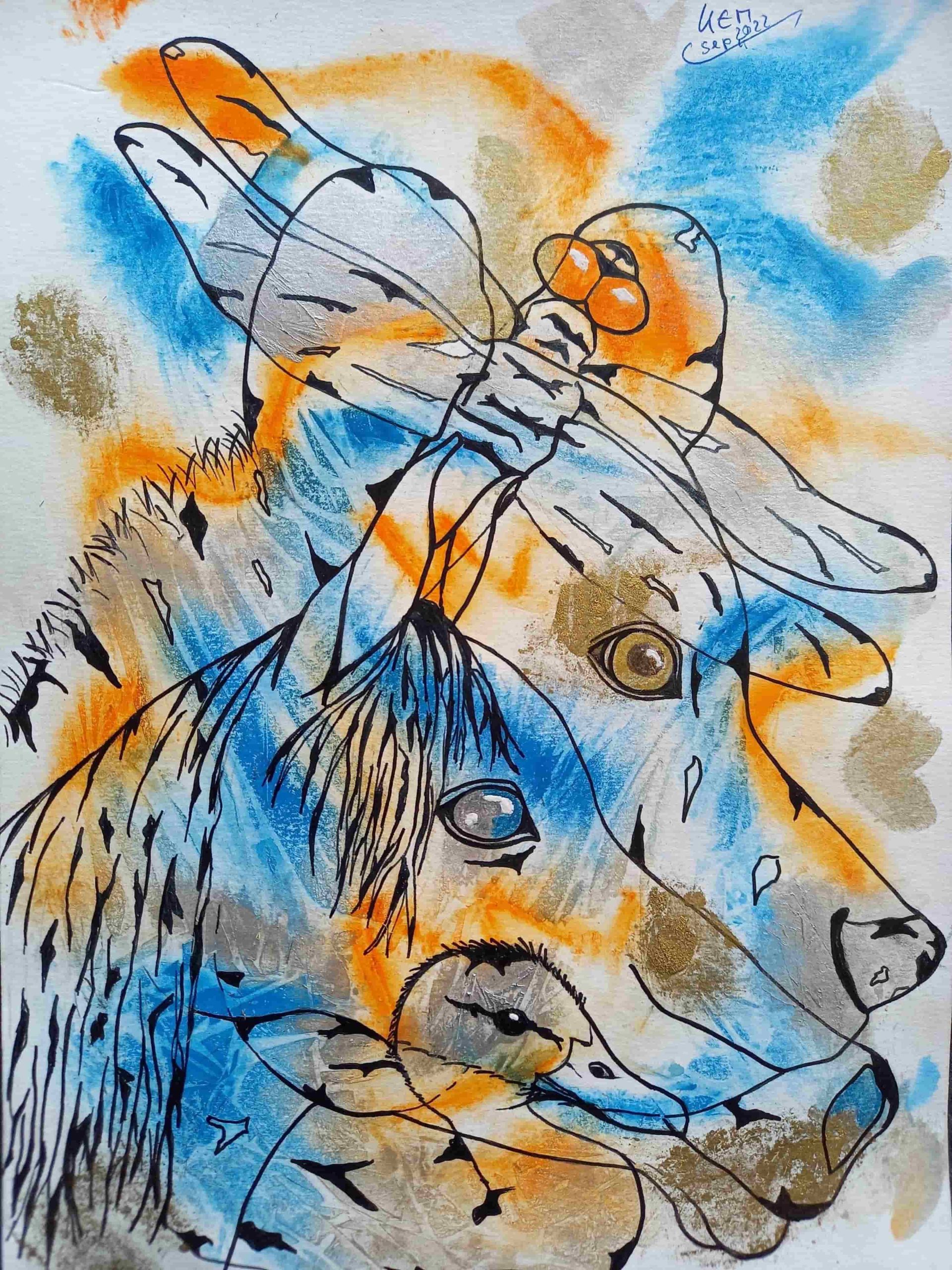Auragraph for a child, energetic gouache painting in orange, blue and gold, depicting shamanic totem animals: a bear cub, a foal, a firefly and a duckling.