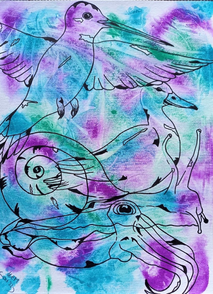 Auragramm, energetisches mediales Gouache-Gemälde in Violett, Türkis und Grün, mit schamanischen Krafttieren: ein Kolibri, eine Ente, eine Schnecke und ein Oktopus.