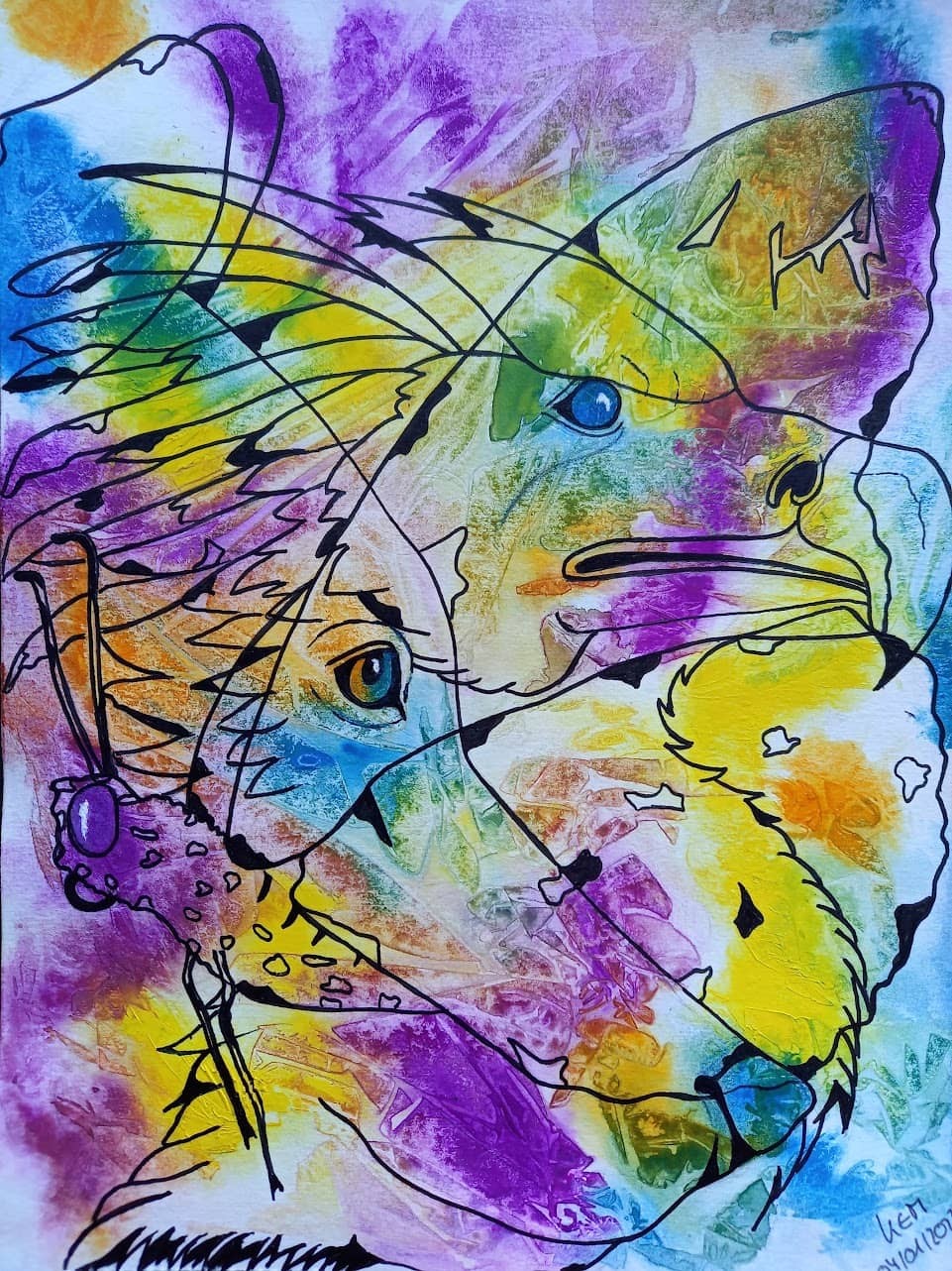 Auragraphe, peinture énergétique à la gouache aux couleurs de l'arc-en-ciel (violet, jaune, bleu, vert, orange) représentant des animaux totem shamaniques : un ours, un papillon et un phénix.