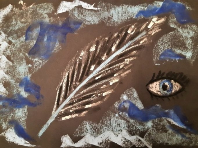 Mediales Kunstgemälde in Braun, Weiss, Blau, mit einem Auge, einer Feder und bunten Wellen
